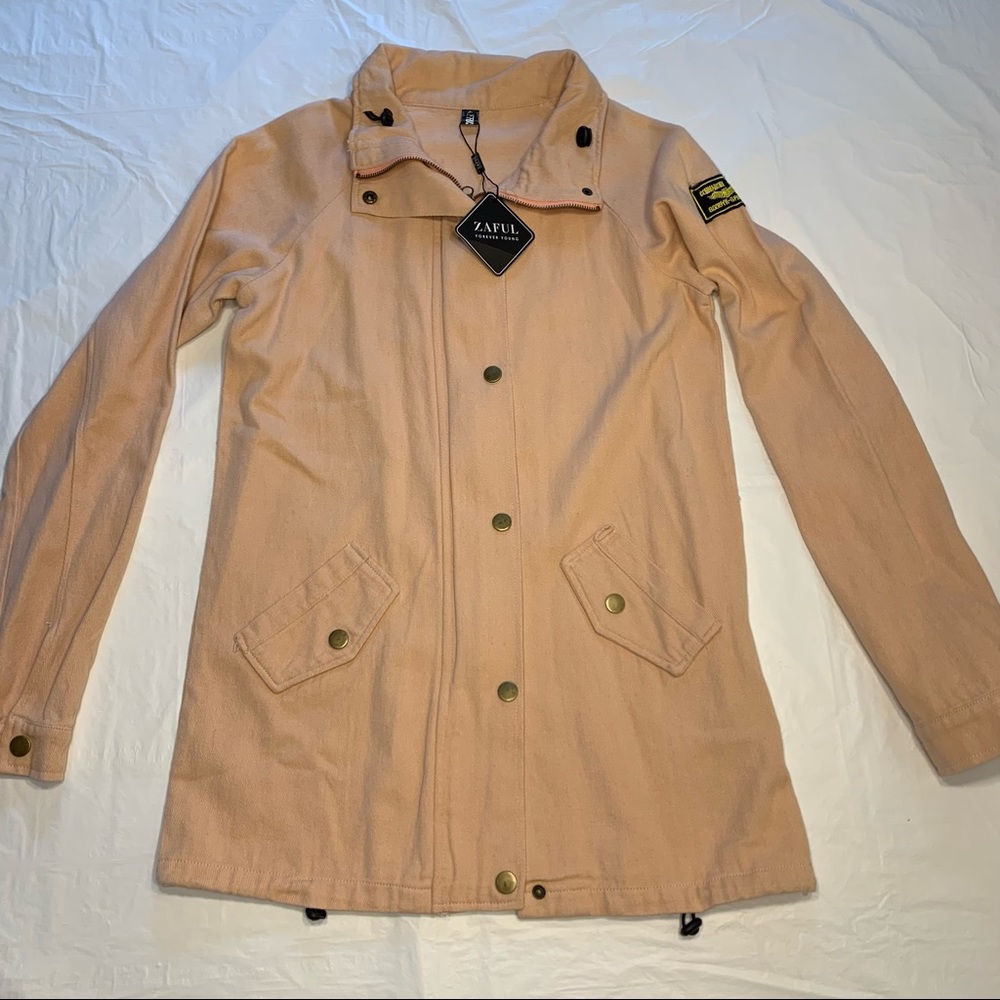 🆕 NWT Zaful zip up/snap peach canvas flight jacket commanding officer patch